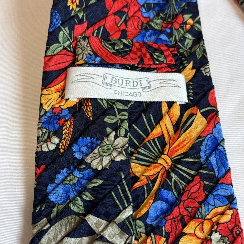 BURDI Chicago Men's Silk XL Necktie ITALY Designer Floral Red/Blue/Gold‎ EUC